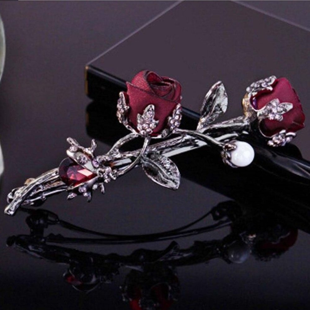 Deep Red Petite Silk Roses Hair Barrette - Hair Clip with Pearl & Garnet Crystal